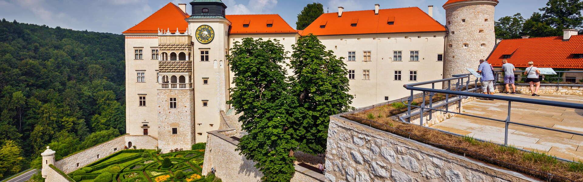 Widok na bryłę obronnego zamku w Pieskowej Skale. W dole widok na ogród w okół mury obronne, obok baszta. W tle widok na las.