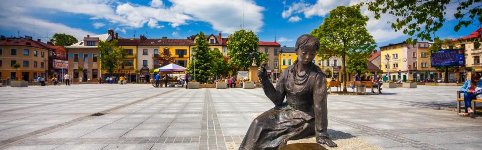 Widok na góry nad drzewami, na pierwszym planie turysta robiący zdjęcie