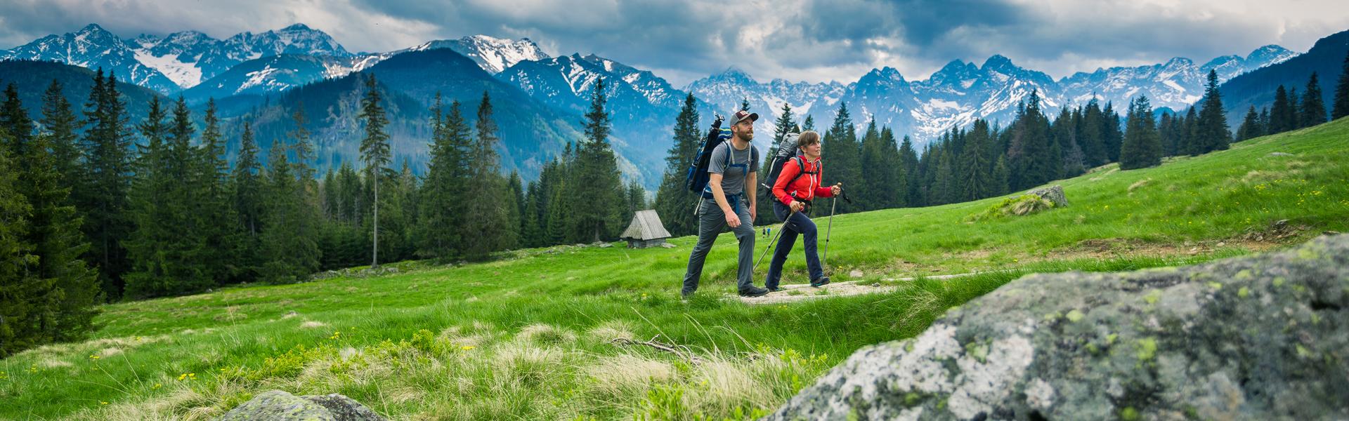 Two people in sportswear and with Nordic walking poles walk down the hillside. You can see the mountains in the background.